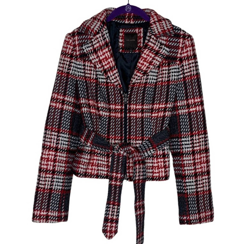 The Limited Red Black Plaid Wool Blend Belted Jacket Size Small